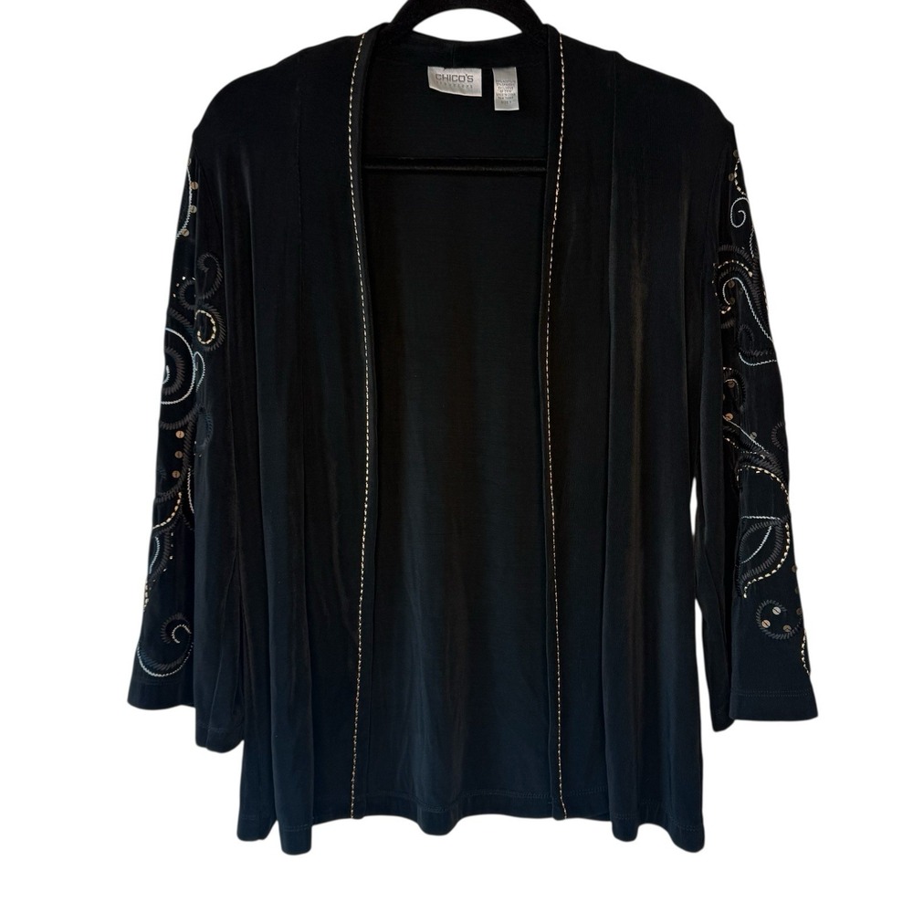CHICO'S TRAVELERS Estonia Jacket Women Size 1 Black Gold Embroidery Sequin Open